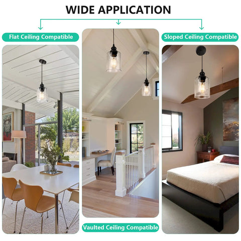 3 Pack Industrial Pendant Lights With Seeded Glass Shades, Black Farmhouse Ceiling Lighting in dining, hallway, bedroom