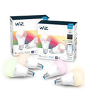 60W Equivalent A19 Smart LED Bulbs With RGB Color Changing, Tunable White, Dimmable Lighting You Can Control By Voice Or App, No Hub Needed, Works With Alexa And Google Home, 4 Pack, displayed with colorful light settings in packaging.