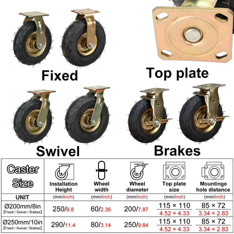 Heavy Duty Rubber Caster Wheels 8 Or 10 Inch Shock Absorbing Pneumatic Tires Silent Swivel Casters with fixed, swivel, and brake options.