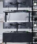 Before and after using Clamp On 48 Inch Desk Skirt with dual top cable slots for hidden cable management on black desk.
