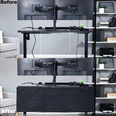 Before and after using Clamp On 48 Inch Desk Skirt with dual top cable slots for hidden cable management on black desk.
