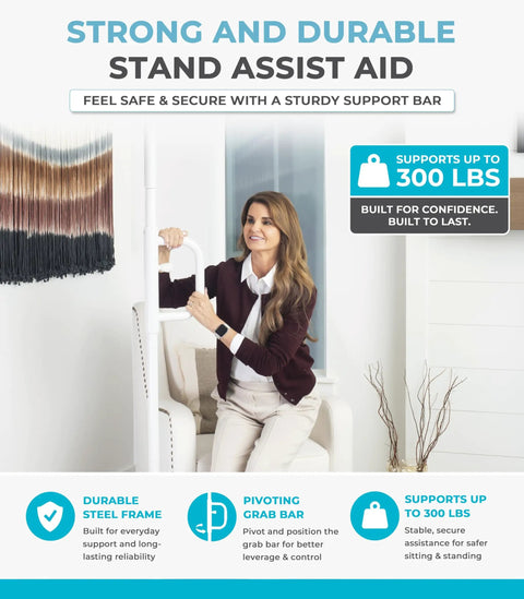 Tension Mounted Floor To Ceiling Transfer Pole With A Swivel Grab Bar And Rock Solid Grip For Bathroom Safety Senior Assist And No Sweat Daily Mobility Support In White, featuring a woman using the bar.