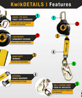 Product features for 6 Ft Mini Mamba Self Retracting Lifeline No Tangle Web Class 1 SRL Safety Lanyard For ANSI OSHA Compliance Lightweight Durable Polyester Webbing Retracts Smoothly To Keep You Safe On The Job, showing carabiner, polycarbonate housing, and webbing details.