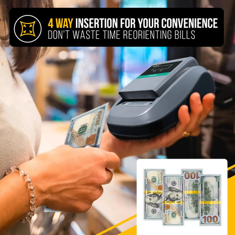 On The Go Portable Four Way Orientation Counterfeit Money Detector with Magnetic and Infrared Scanners in use by cashier.