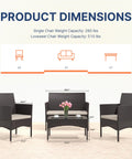 Product dimensions diagram for 4 Piece Wicker Patio Furniture Set With Cushions, Outdoor Conversation Set, Khaki Finish
