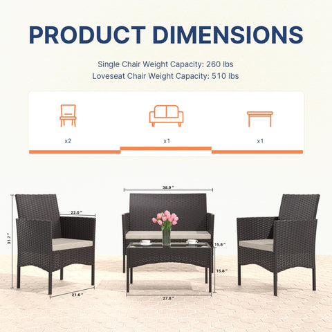 Product dimensions diagram for 4 Piece Wicker Patio Furniture Set With Cushions, Outdoor Conversation Set, Khaki Finish