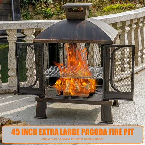 45 Inch High Metal Chiminea Fire Pit With Grill 2 In 1 Bonfire And BBQ Outdoor Wood Burning Fireplace For Garden Yard Patio Square Chiminea With Mesh Spark Screen Door And Fire Poker Black And Gold