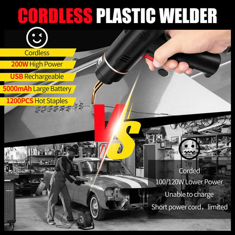 Comparison of cordless 200W plastic welder with traditional corded model in auto repair workshop setting.