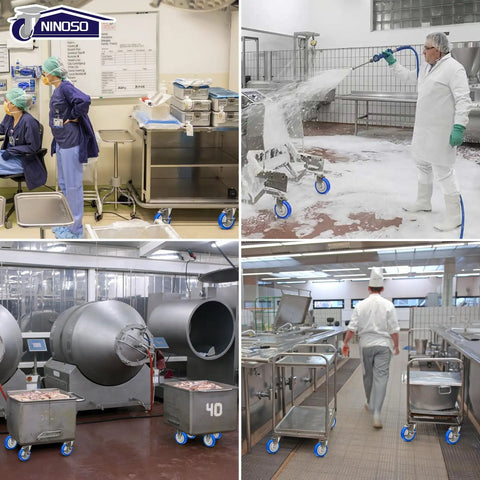 Tough As Nails Five Inch Stainless Steel Casters Smooth As Butter Polyurethane Wheels used on industrial carts in food processing.