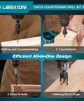 Countersink Drill Bit Set For Woodworking, 19 Piece Set With Tapered Bits, Wood Plug Cutters, Extendable Bit Holder, Must-Have Pro Grade Quarter Inch Hex Shank, Screwdriver Bits, And Durable Storage Case By Libraton in use for drilling and countersinking, counterbore, driving screws, and making wood plugs showcased in four steps.