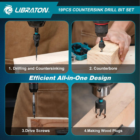 Countersink Drill Bit Set For Woodworking, 19 Piece Set With Tapered Bits, Wood Plug Cutters, Extendable Bit Holder, Must-Have Pro Grade Quarter Inch Hex Shank, Screwdriver Bits, And Durable Storage Case By Libraton in use for drilling and countersinking, counterbore, driving screws, and making wood plugs showcased in four steps.