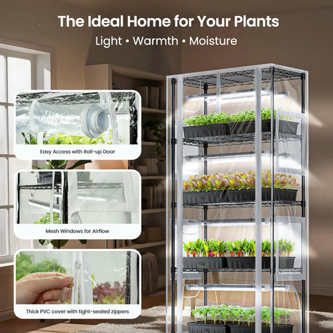 Indoor Grow Cabinet With Five Tier Shelves And Eight Full Spectrum Grow Lights 6000K Thick PVC Cover Mesh Ventilation
