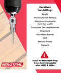 Carbide Tipped Countersink Drill Bit With Ball Bearing Set AMS 621 in use, shown with materials list for wood, plastic, and non-ferrous