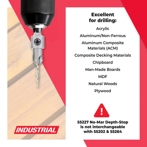 Carbide Tipped Countersink Drill Bit With Ball Bearing Set AMS 621 in use, shown with materials list for wood, plastic, and non-ferrous