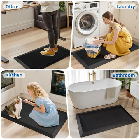 Extra Thick Anti Fatigue Kitchen Mat Nine Tenths Inch Thick Cushioned Standing Desk Mat With Memory Foam Comfort Non Slip Waterproof Rug For Kitchen Floor Office And Sink Twenty By Thirty Two Inches shown in various rooms including office, laundry, kitchen, and bathroom.
