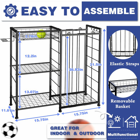 All In One Sports Gear Organizer Cart With Elastic Straps And Removable Basket For Garage Organization, Ball Storage Rack For Basketballs Soccer Balls And More, Hooks For Toy Gear Storage, Black
