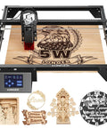 LONGER Ray5 5W laser engraver front view with black frame, 400x400mm bed, 3.5-inch touchscreen engraving wood