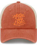 Front view of Look Cool Trucker Hat For Men And Women Funny Humor Cap Breathable Ventilated With Top Air Hole Saffron Color.