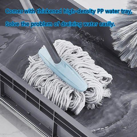 Close-up of floor mounted broom and mop holder rack with thick rubber clips, showing a mop in a water tray for easy drainage.