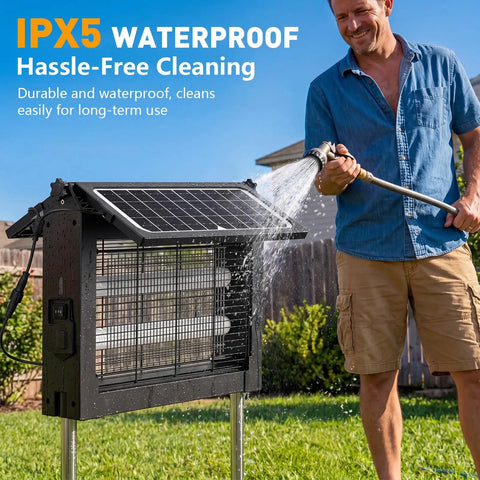 Man cleaning Cordless Solar Bug Zapper Outdoor 4500V With Dual Solar Panels Covers One Half Acre IPX5 Waterproof Mosquito Traps