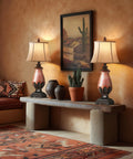 Set Of 2 Tall Farmhouse Rustic Table Lamps With Dimmable 3 Color Temperature Lighting From Warm 2700K Amber To Bright 5000K Daylight Cozy Vibe displayed on rustic console in living room with terracotta decor.