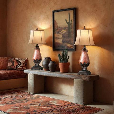 Set Of 2 Tall Farmhouse Rustic Table Lamps With Dimmable 3 Color Temperature Lighting From Warm 2700K Amber To Bright 5000K Daylight Cozy Vibe displayed on rustic console in living room with terracotta decor.