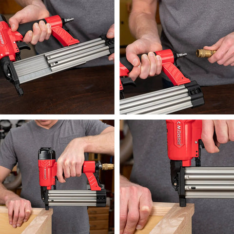 Oil Free 18 Gauge Pneumatic Brad Nailer For Small Trim And Interior Molding Fires Up To 100 PSI Handles Five Eighths To Two Inch