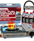 Dual Fuel Camp Stove With 4x 8oz Butane Canisters, 12,000 BTU Portable Stove for Camping, Piezo Ignition, Double Wind Guard