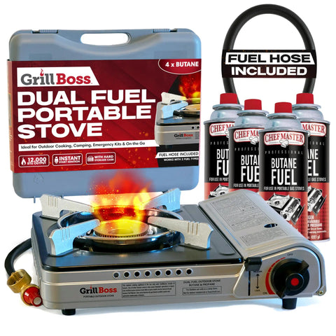 Dual Fuel Camp Stove With 4x 8oz Butane Canisters, 12,000 BTU Portable Stove for Camping, Piezo Ignition, Double Wind Guard