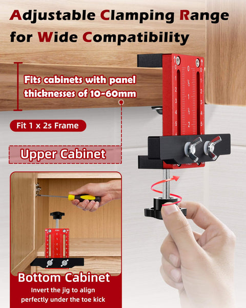 One Hand Hinge Installation Jig for Cabinet Doors A DIY Friendly Drilling Guide on upper cabinet with adjustable clamping range