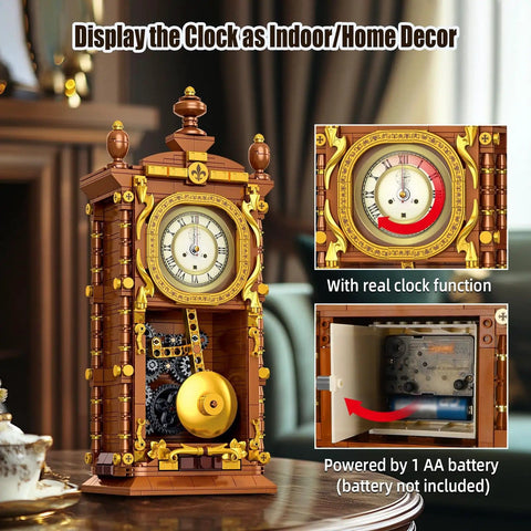 Pendulum Clock Building Blocks Kit For Adults And Kids, 751-Piece LEGO-Compatible Set With Real Clock Function, Vintage Desk Decor
