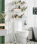 Over The Toilet Storage Rack With 3 Tier Metal Organizer Free Standing Bathroom Shelves Paper Holder And 3 Hooks Space Saving Bathroom Shelf Above Toilet White shown in a modern bathroom.