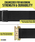 Close-up of heavy-duty E Track strap showcasing polyester webbing and zinc-plated steel hardware for durability and strength.
