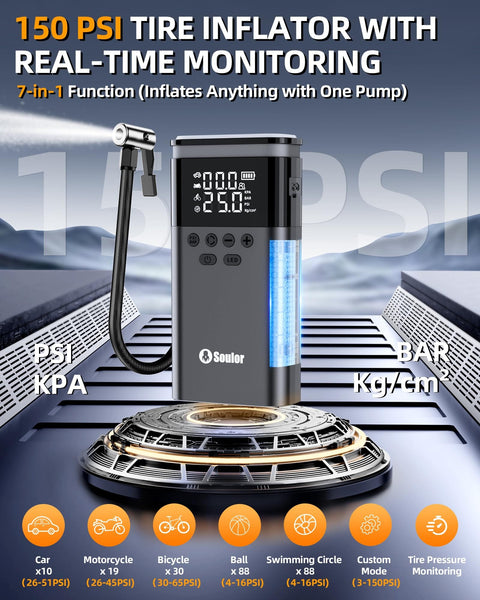 Soulor 150 PSI tire inflator with real-time monitoring feature and display panel