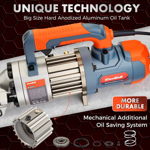 Heavy Duty 3/4 Inch Electric Hydraulic Rebar Cutter RC20B with hard anodized aluminum oil tank and mechanical oil saving system.
