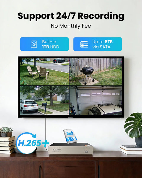 All In One Home Security System With 8 Outdoor AI Human And Vehicle Detection Cameras night vision display with DVR box