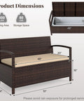 Outdoor Storage Bench With Cushioned Seat And Backrest 42 Gallon Rattan Deck Box With Acacia Wood Armrests, dimensions shown