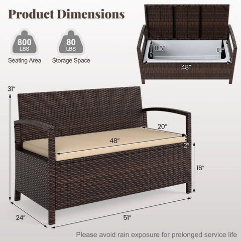 Outdoor Storage Bench With Cushioned Seat And Backrest 42 Gallon Rattan Deck Box With Acacia Wood Armrests, dimensions shown