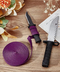 Purple Ito Sageo Wrapping Cord 5m Silk Cotton Blend 0.51 Inch Wide for Katana handle wrapping next to two knives on wooden surface