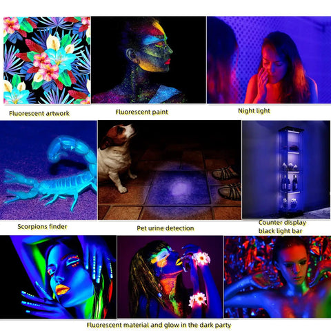 UV Black Light Bar USB 10W 1Ft LED Strip Lights illuminating fluorescent paint, art, and decor in various settings for party decor.