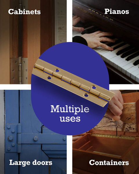 Beefy Continuous Piano Hinge With Durable Brass Finish Rust Resistant Steel Build for cabinets, large doors, and pianos.