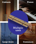 Heavy Duty Continuous Piano Hinge With Polished Brass Finish, 36 inch, shown on cabinets, pianos, large doors, and containers.