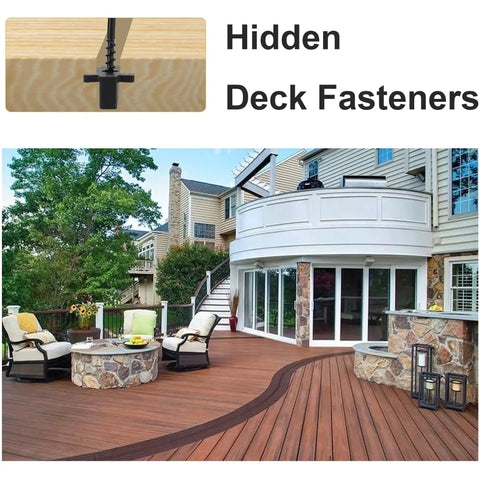1250 Pcs Heavy Duty Hidden Deck Fasteners With Corrosion Resistant Star Head Screws And Universal Nylon Composite Deck Clips For Quick Hassle Free Install Covers 600 Sq Ft visible on a modern wooden deck.
