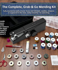 Grab And Go Cordless Handheld Sewing Machine For Beginners And Adults with accessories including spools and needles, black.