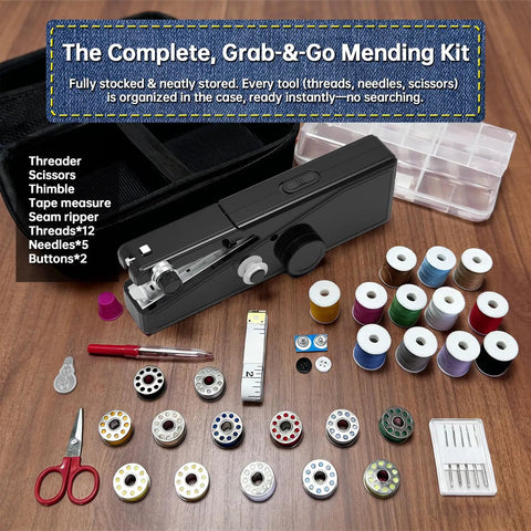 Grab And Go Cordless Handheld Sewing Machine For Beginners And Adults with accessories including spools and needles, black.
