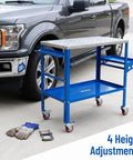 Heavy Duty Steel Welding Table With Adjustable Height And Three Angle Tilting Featuring Lockable Caster Wheels, blue frame, 4 height adjustments.
