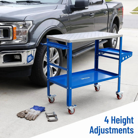 Heavy Duty Steel Welding Table With Adjustable Height And Three Angle Tilting Featuring Lockable Caster Wheels, blue frame, 4 height adjustments.