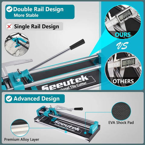 16 Inch Manual Tile Cutter With Tungsten Carbide Scoring Wheel For Porcelain And Ceramic Tiles, double vs single rail design.