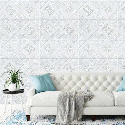 Room with 3D Peel And Stick Wall Panels Set 9 Pieces Covers 35 Sq Ft White Ceiling And Wall Decor above a white sofa.