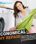 Woman holding green towel near dryer promoting economical DIY repair with BlueStars